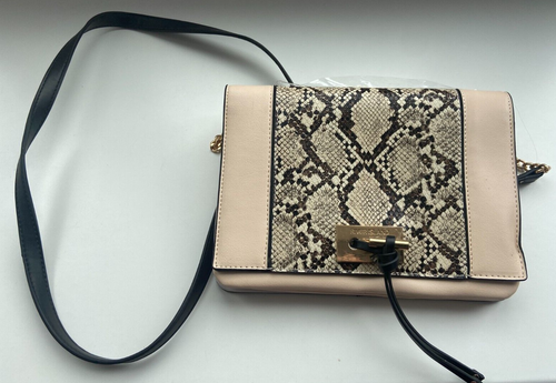 River Island Snake Print Snap Shut Shoulder Bag Cream Brown Pockets ...