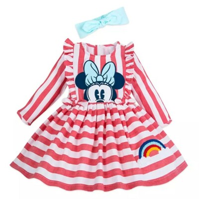 Disney Store Minnie Mouse Striped Party Dress Headband Fashion Set for Baby NEW