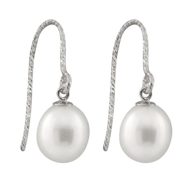 Fancy sterling silver rhodium plated earrings with 6-7mm rice freshwater pearls