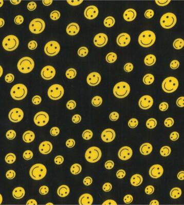 Printed Polycotton Craft Fabric Material - YELLOW SMILIES ON BLACK