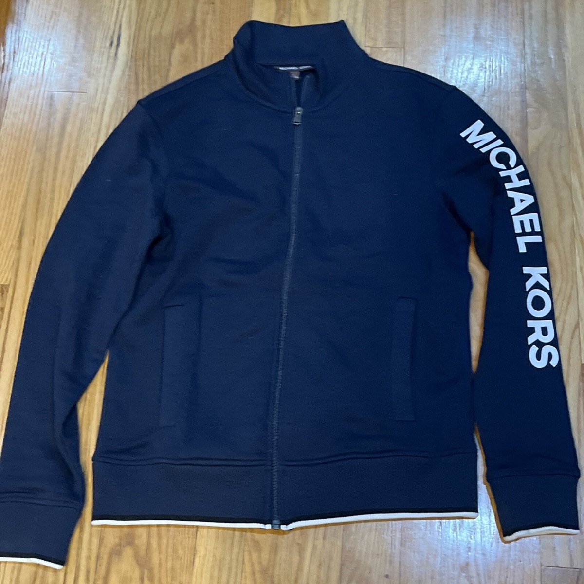 MICHAEL KORS ジャンパー グレー/ネイビー Michael Kors Navy Blue Logo sleeve Zip Up Sweatshirt Jacket Size S