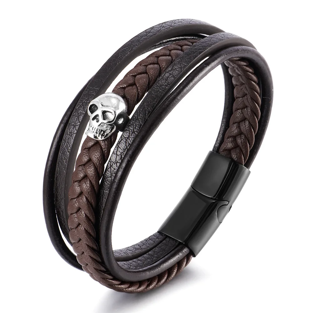 Black Skull Leather Bracelets for Mens Stackable Braided Cuff Bracelet