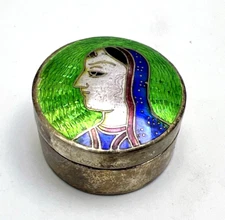 Hand fabricated Enameled 925 Marked India Sterling Lidded Round Trinket Box