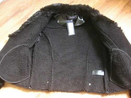 M&S LEATHER JACKET BIKER 6 aviator fur steampunk girls £89 black patent faux - Picture 9 of 12