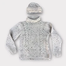 Vintage Hand Knit Cable Fisherman TurtleNeck Sweater & Hat 1960s 1970s