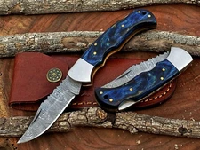 Damascus handmade back lock Folding pocket knife camping Hunting Knife Pouch