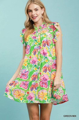 Umgee Floral Ruffle Mini Dress - Green Mix - Small