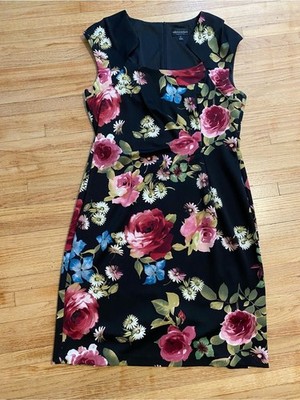 Women 14 Connected Apparel Black Floral Sheath Dress with Pink Rose Pattern