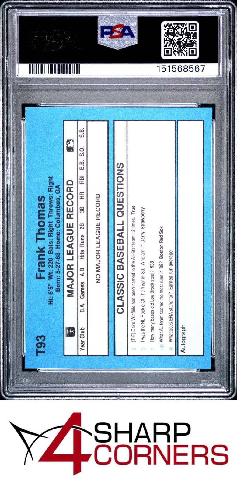 1990 CLASSIC SERIES III #T93 FRANK THOMAS RC WHITE SOX HOF PSA 10 view 2