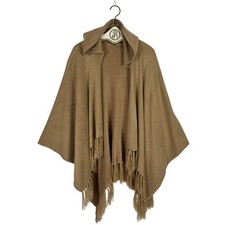 LOOK Hooded Poncho OS Tan Boho Fringe Knit Wrap Shawl Cape Hippie Minimalist