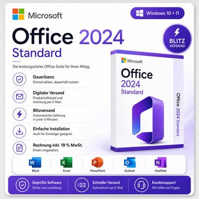 MS Office 2024 Standard Key Vollversion|Sofort per Email DE 32/64Bit Windows
