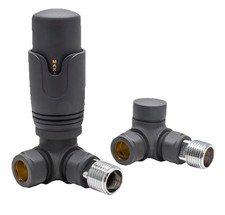 Anthracite Corner Thermostatic Radiator TRV + Lockshield Valve Pair 15mm x 1/2"