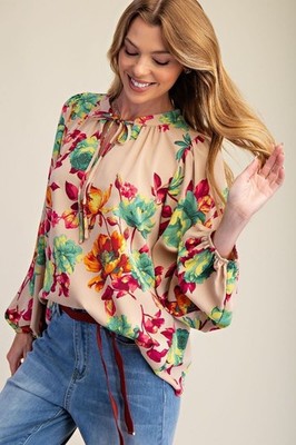 New Easel Women's  Floral Tie Neck Blouse Pullover Woven Long Sleeve Large Tan