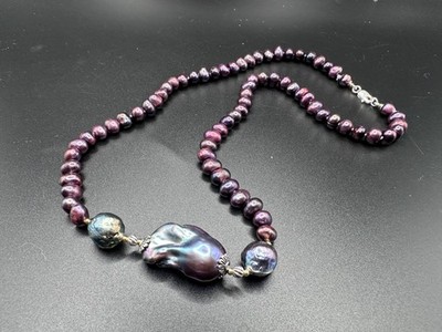 Baroque purple pearl necklace 925 sterling silver bi metal gold