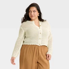 Women's Crochet Button-Front Cardigan - A New Day Cream XXL