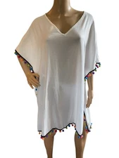 Shein White Swim Cover Up Multicolored Pom Pom Accents Size (L)+ Other Sizes