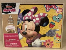 NEW SEALED Disney Junior 5 Wood Minnie Mouse Kids Puzzles  Wood Storage Box
