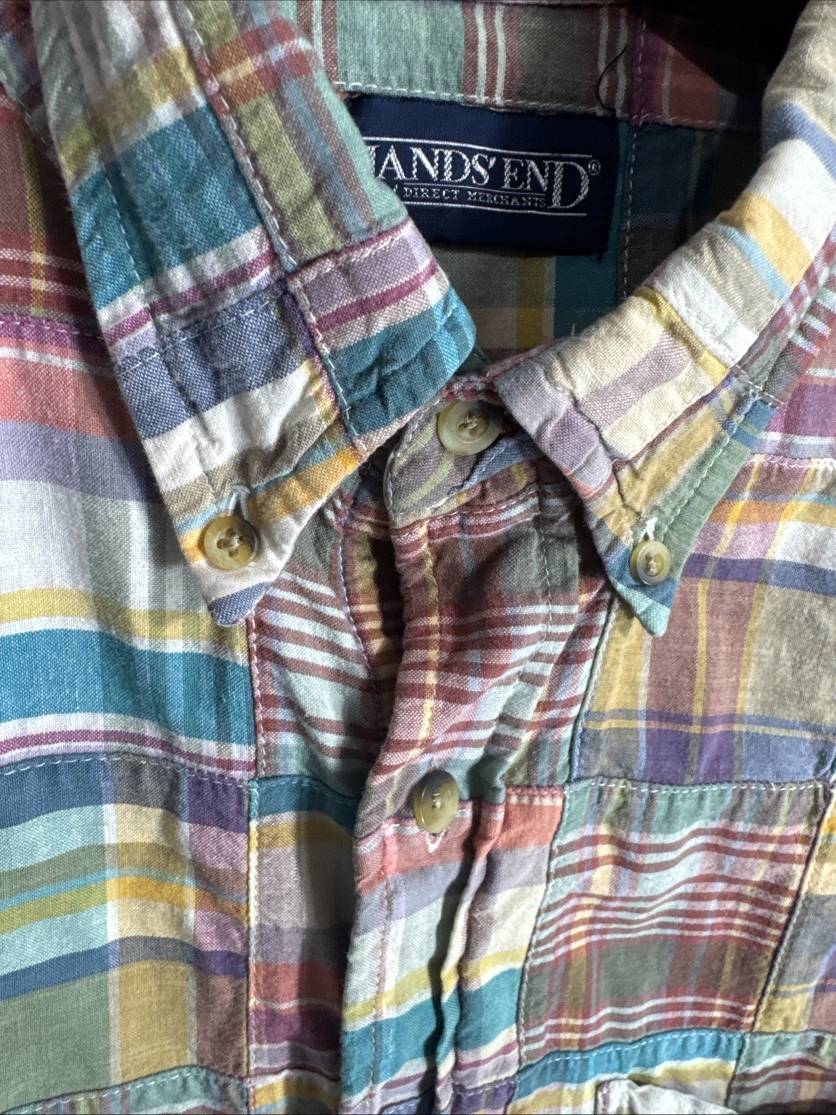 Lands' End Medium Patchwork Madras Plaid Short Sl… - image 5