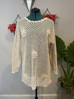 Christina Ivory Crochet Tunic with Floral Beaded Pattern Size Small