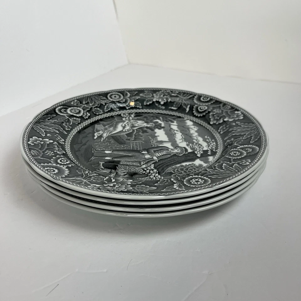 4 шт обеденных тарелки Spode Georgian Series Woodman 10 дюймов черные S3480-W Англия б/у в отличном состоянии - Изображение 3 из 4