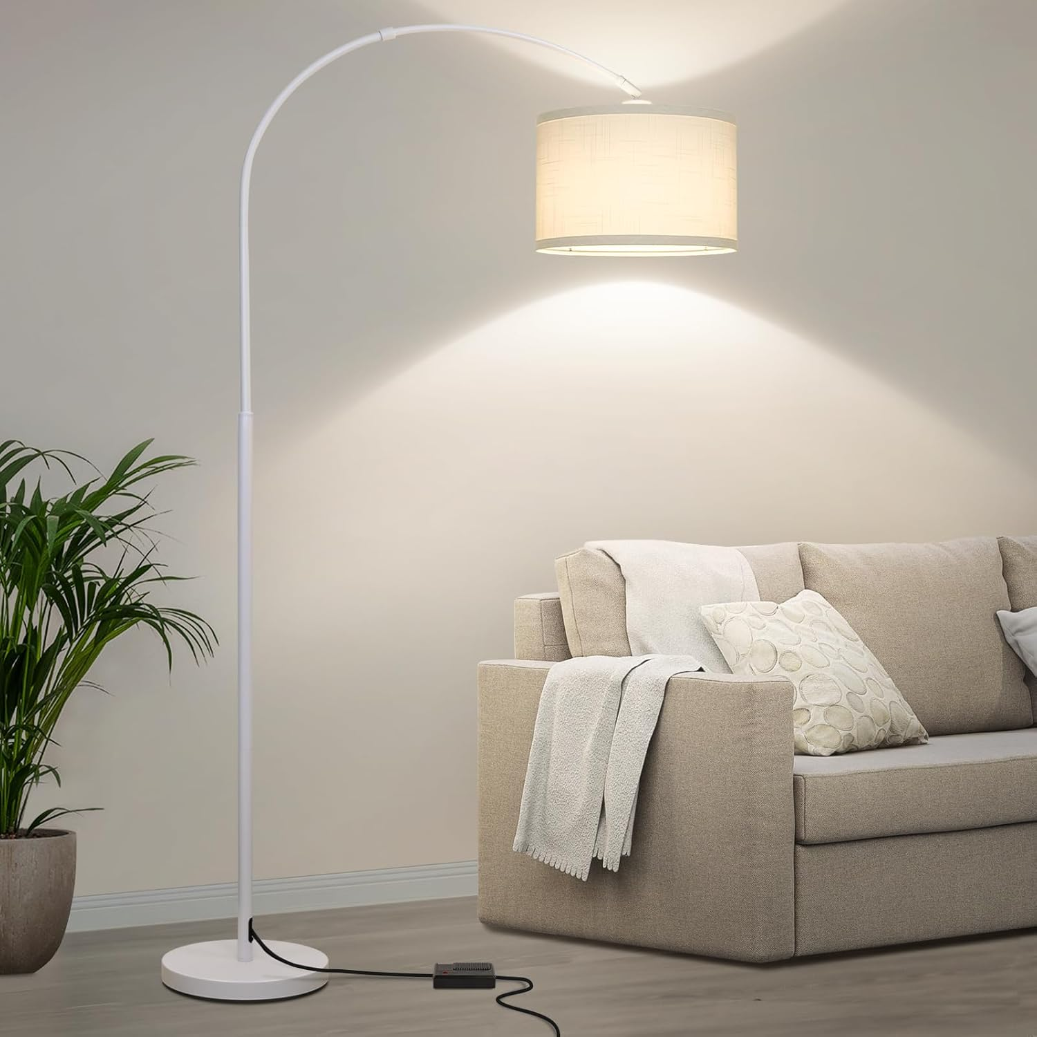 Dimmable Arc Floor Lamp with White Shade Tall Reading Light for Living Room  