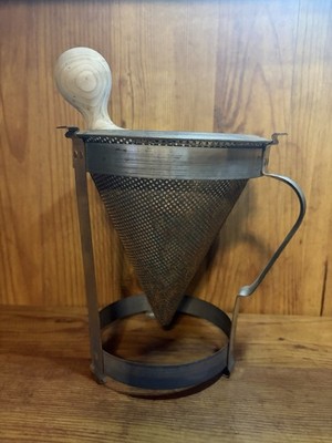 Vintage Aluminum Food Mill Cone Sieve Colander Strainer With Wood Pestle & Stand