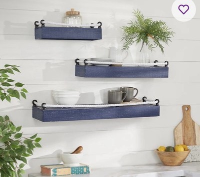 NEW Blue Wood 3 Shelves Wall Shelf with Knotted Rope 3 - Pieces