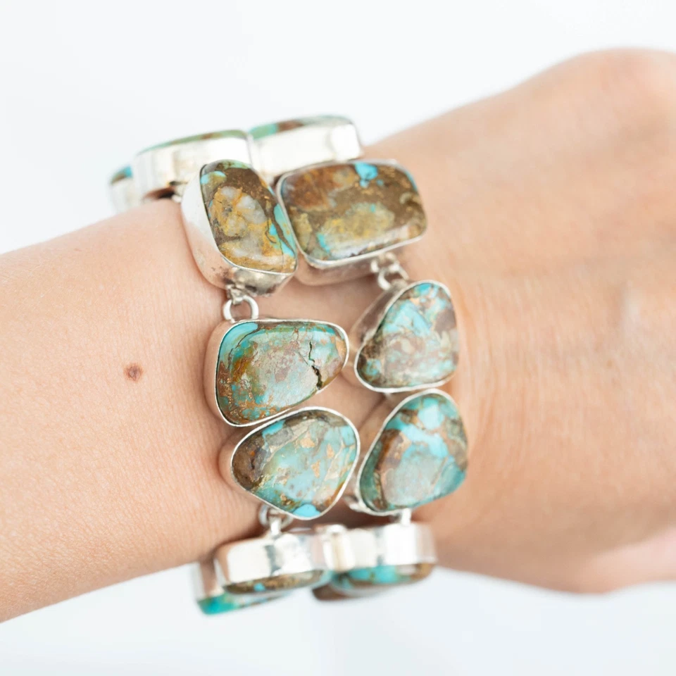 Vintage 925 Sterling Silver Large Turquoise Natural Gemstones Bracelet READ - Image 2 of 4