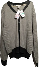 Geoffrey Beene Sweater Mens Large Black White Striped Cardigan Button V Neck NWT