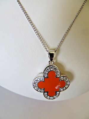 Marie Claire Coral Clover Pendant Necklace Swarovski Crystals w/Sterling Silver 