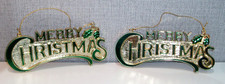 VINTAGE MERRY CHRISTMAS HANGING DOOR / WALL / SIGNS / PLAQUES x 2 - SMALL -GOLD