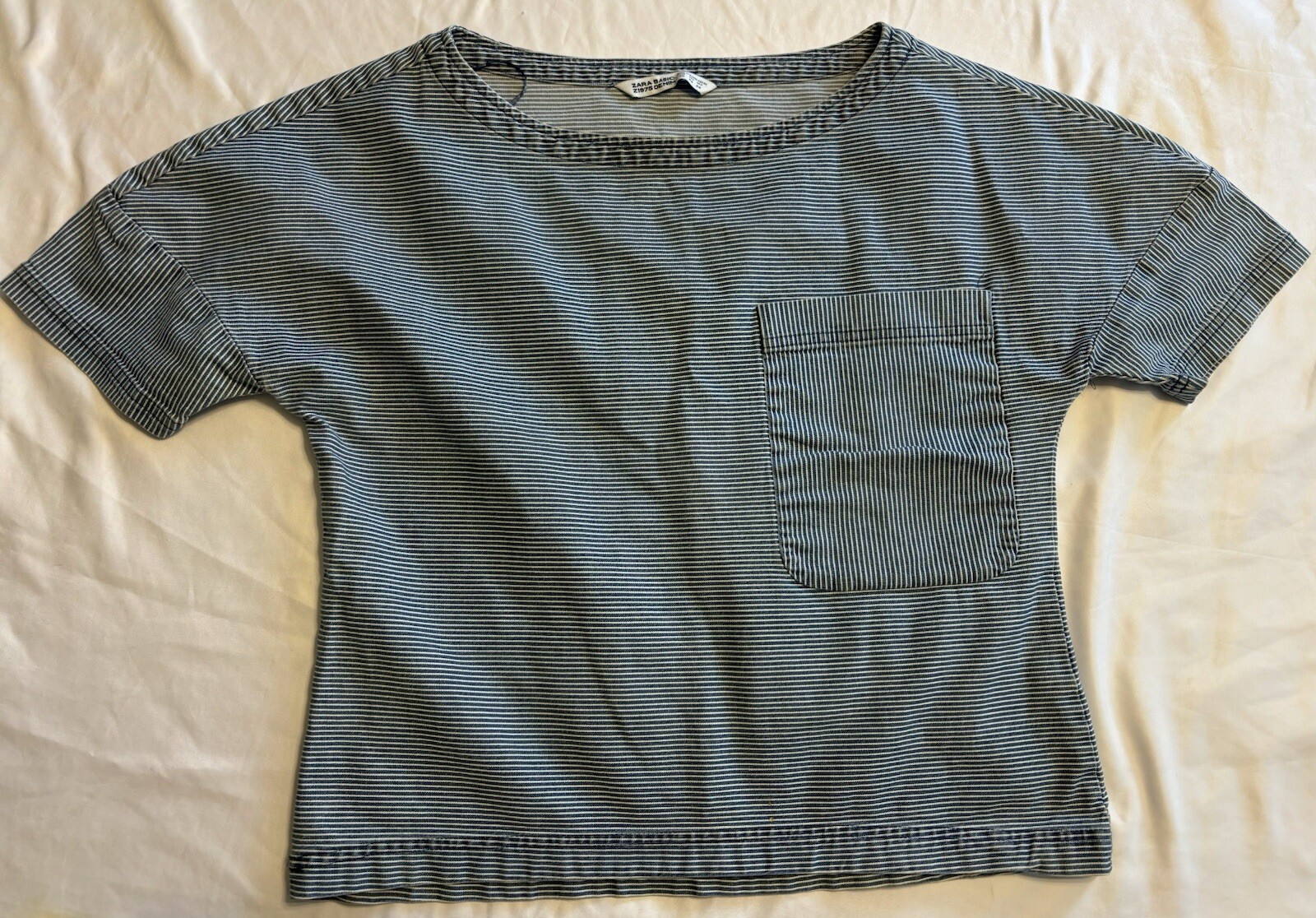 Zara Basic Denim Striped Blouse Front Pocket Blue… - image 2
