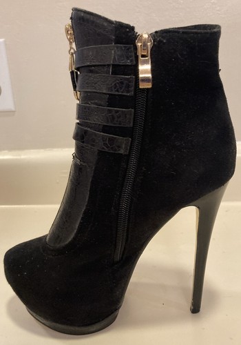 Bebe Faux Black Suede & Reptile Print Stiletto Platform Ankle Heels Boots Size 6 - Picture 8 of 10