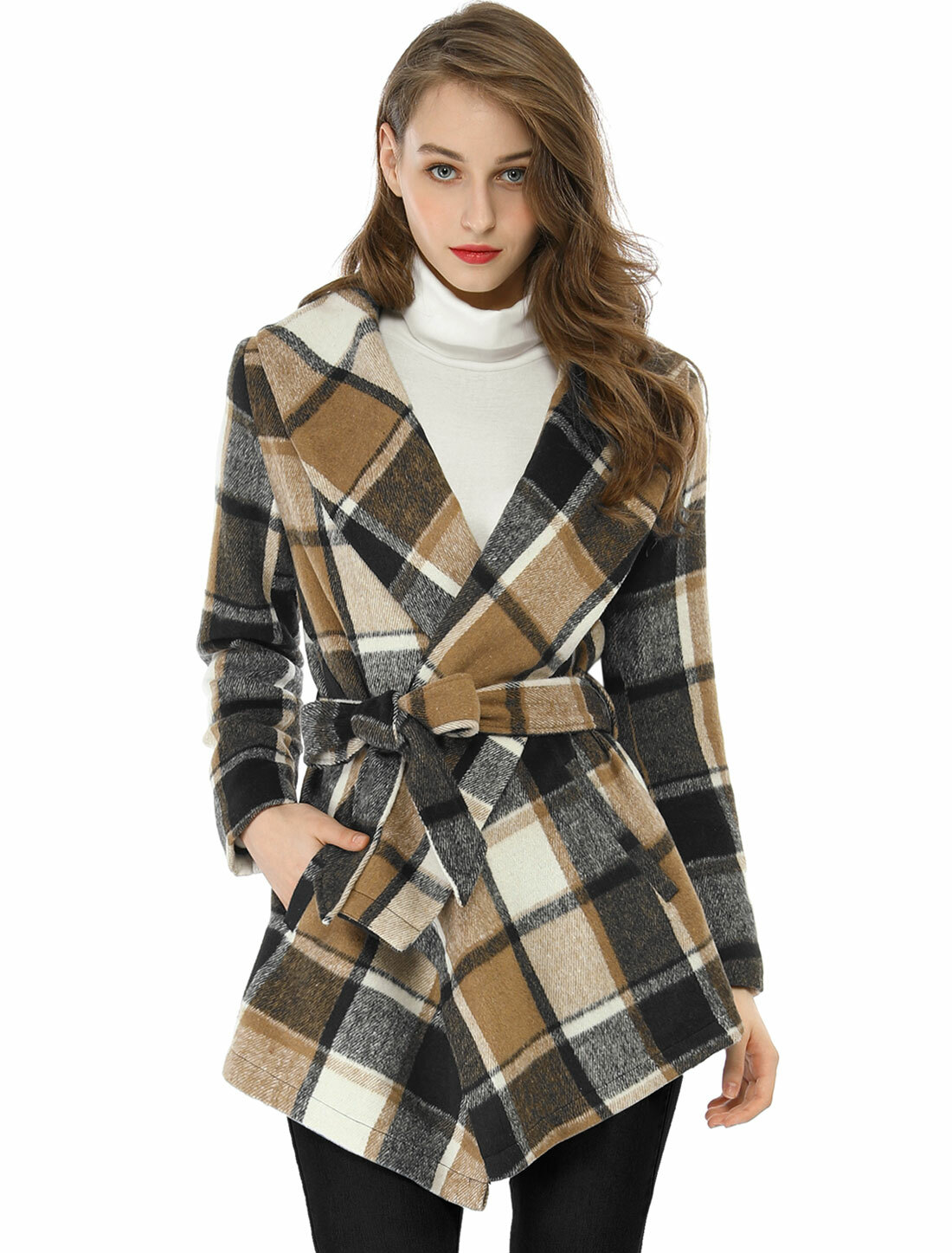 Women Turn Down Collar Asymmetric Hem Belted Plaids Wrap Coat eBay