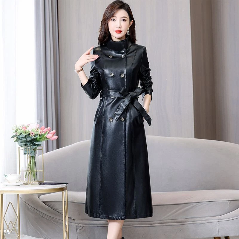 Abrigo de cuero largo para mujer cortavientos otoño cuero chaqueta exterior cubierta abrigo de cuero Foto 4 de 4