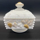 Vintage Westmoreland Milk Glass Square Wedding Box Candy Dish Gold Grape 5 x 4.5