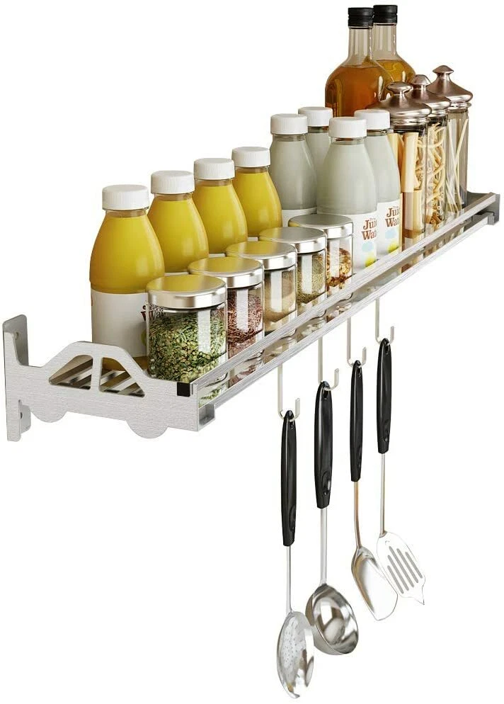 Wall Mount Spice Rack Organizer for Cabinet, Spice Rack Wall Mount with 4 Hooks