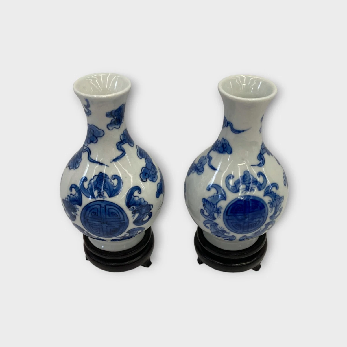 Pair of Small Blue & White Chinese Vases on Stands Bat Motif & Clouds 9cm