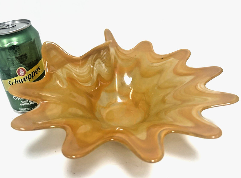 MCM MURANO ITALIAN BLOWN ART GLASS BOWL GOLD PULLED FEATHER - FOLDED RIM 10”  !!