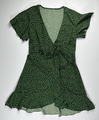 Shein Womens XS Green Polka Dot Wrap Dress Flutter Sleeve | eBay