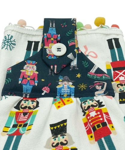 Christmas Hanging Dishtowel Nutcrackers on White Towel With Pom Pom Trim - Picture 6 of 6