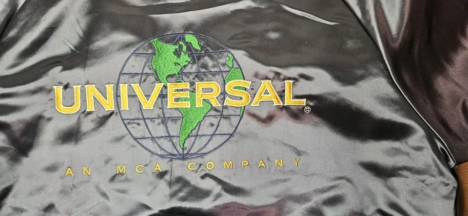 Vtg Mac Murray Embroidered Universal Studios Bomber Jacket NavyBlue Satin Large - Image 3 of 4