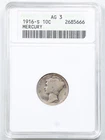 1916-S 10C Mercury Winged Liberty Silver Dime AG3 ANACS 2685666 Soapbox Holder
