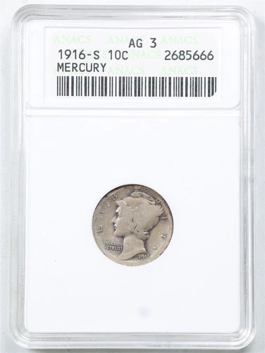 1916-S 10C Mercury Winged Liberty Silver Dime AG3 ANACS 2685666 Soapbox Holder