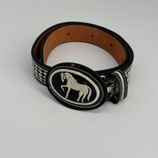 YAC Leather Belt boys sz 7 Black White Embroidered Horse Western Charro