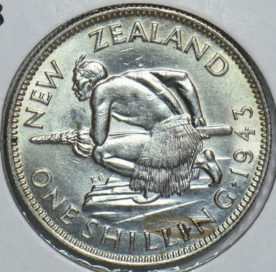 New Zealand 1943 Shilling Silver Maori Warrior George VI King