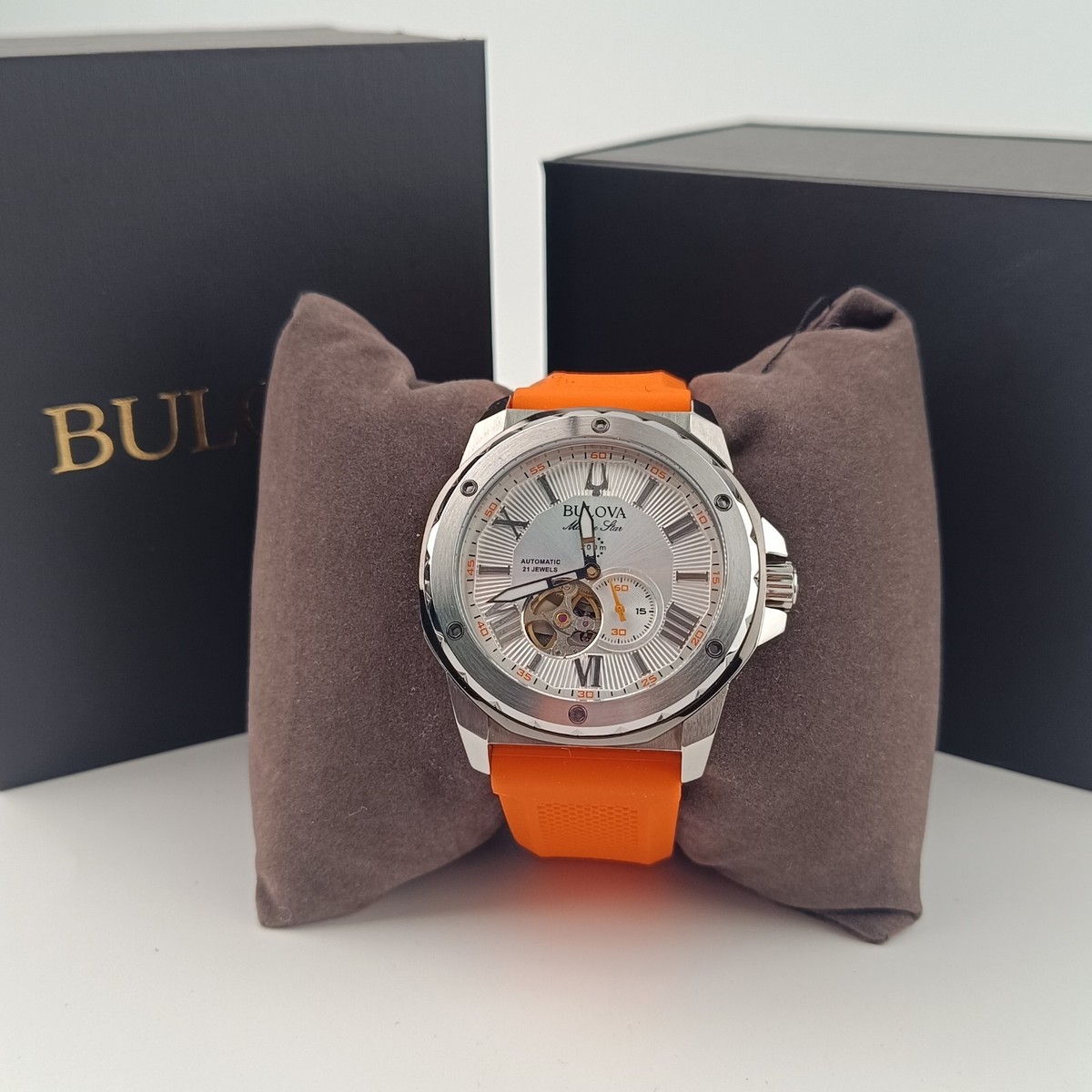Bulova 98A226 Marine Star Automatic Watch White Dial Orange Rubber