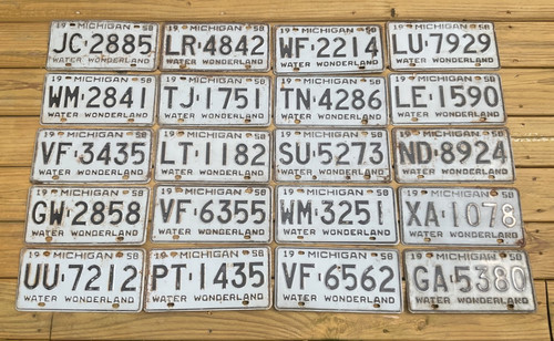 RARE LOT OF 20 MICHIGAN 1958 LICENSE PLATE PLATES ORIGINAL CHEVY FORD CRAFTERS