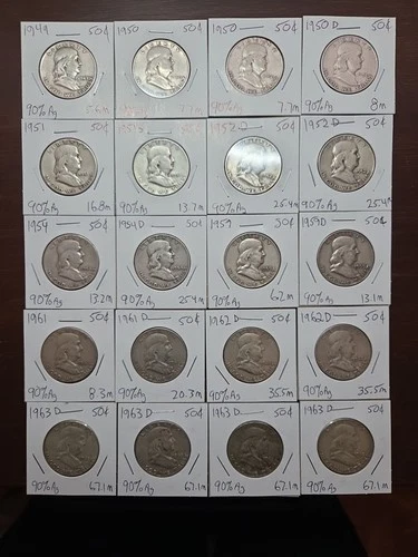 Lot of 20 Franklin Silver Half Dollars 1949–1963. Good Mix- Low Mintages