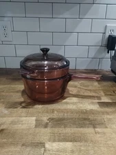 Vision Corning USA V-20-B Glass Double Boiler w/ Lid -3 piece~ Amber Brown- 1.5L